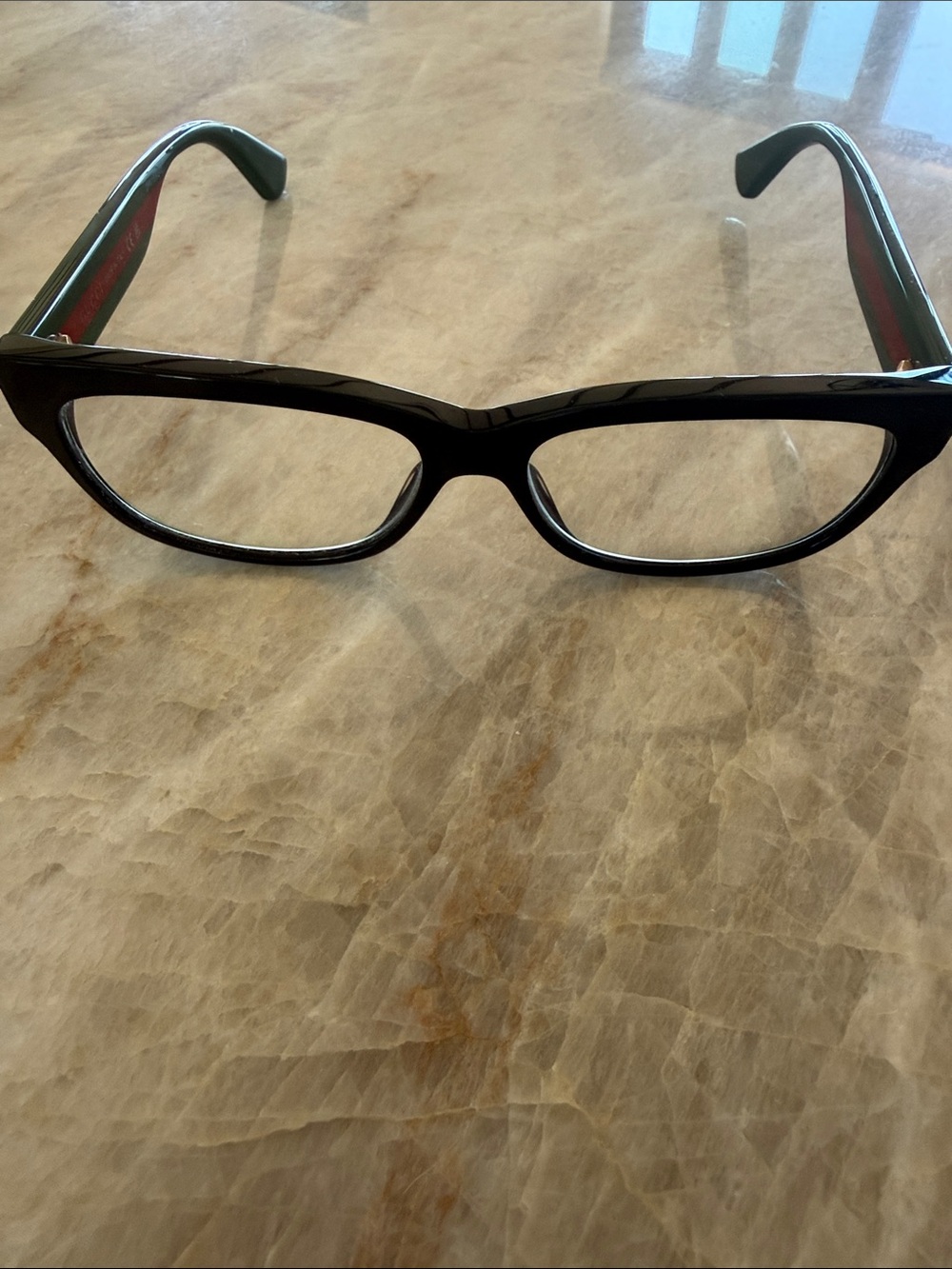 Gucci Black Rectangular Women's Eyeglass Frames with Subtle Red Temple Accent